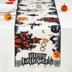 Halloween Haunted House Table Runner 13x72" Burlap Dining Table Décor with Ghost